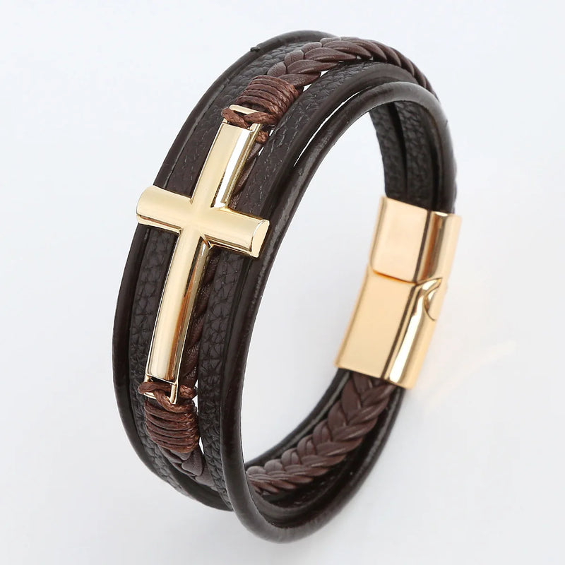 Pulseira Masculina de Couro Trançado – Estilo Punk com Cruz Preta Decorativa e Fecho Magnético