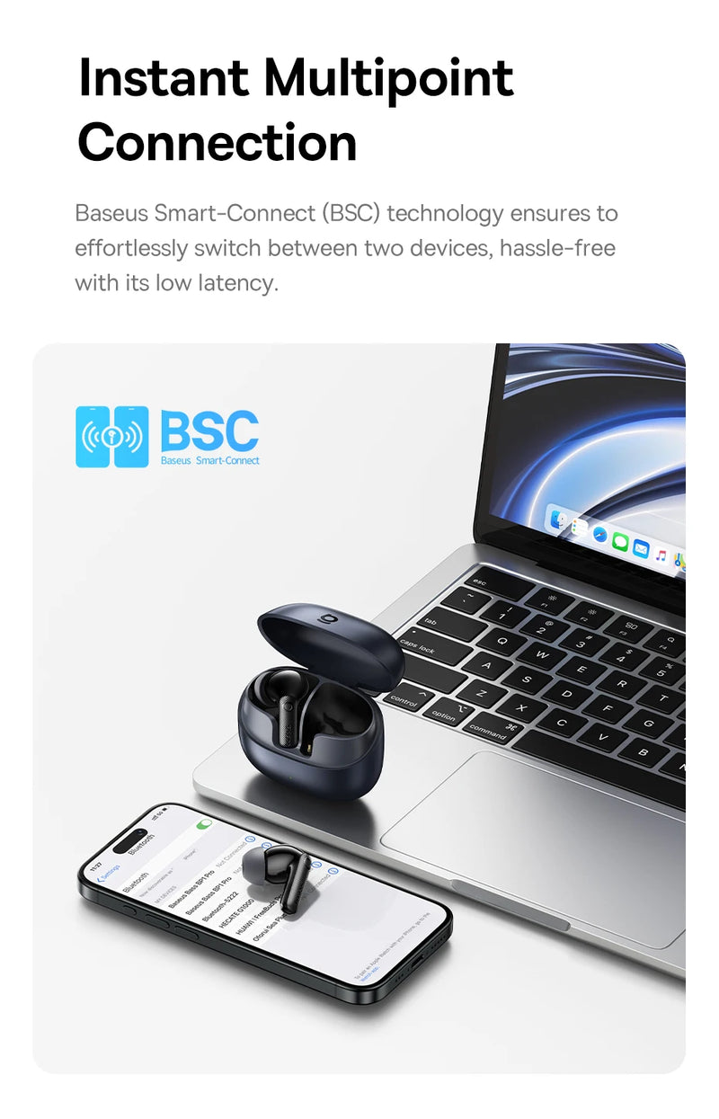 Fones de Ouvido Baseus EP10 Pro ANC Bluetooth 6.0 – Cancelamento de Ruído Ativo 50dB | 6 Microfones, Áudio Hi-Res LDAC, IP55