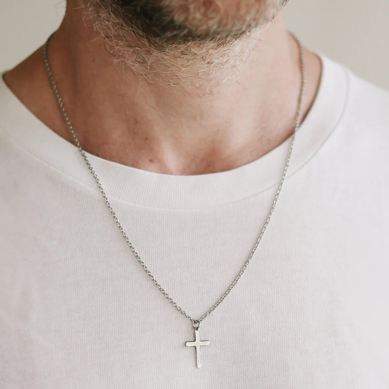 Colar Masculino com Cruz de Jesus – Aço Inoxidável Clássico | Jóia Cristã Religiosa Presente 2024