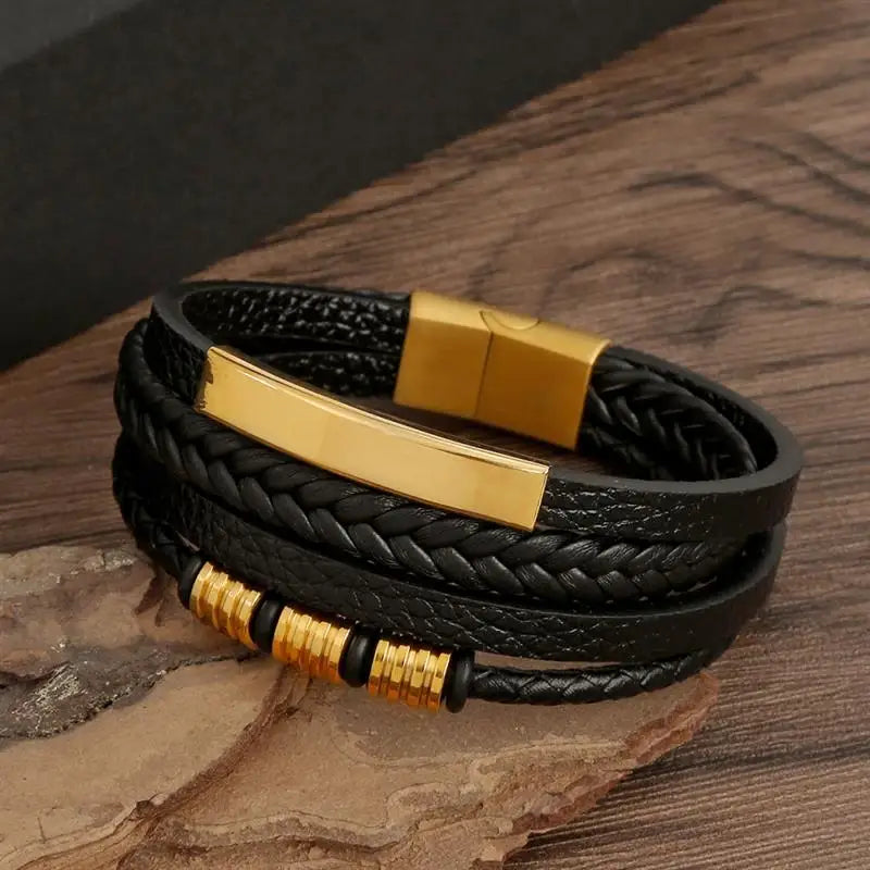 Pulseira Masculina de Couro Trançado – Estilo Punk com Cruz Preta Decorativa e Fecho Magnético
