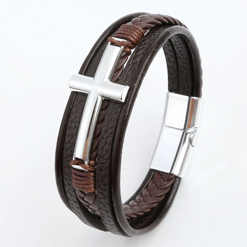 Pulseira Masculina de Couro Trançado – Estilo Punk com Cruz Preta Decorativa e Fecho Magnético