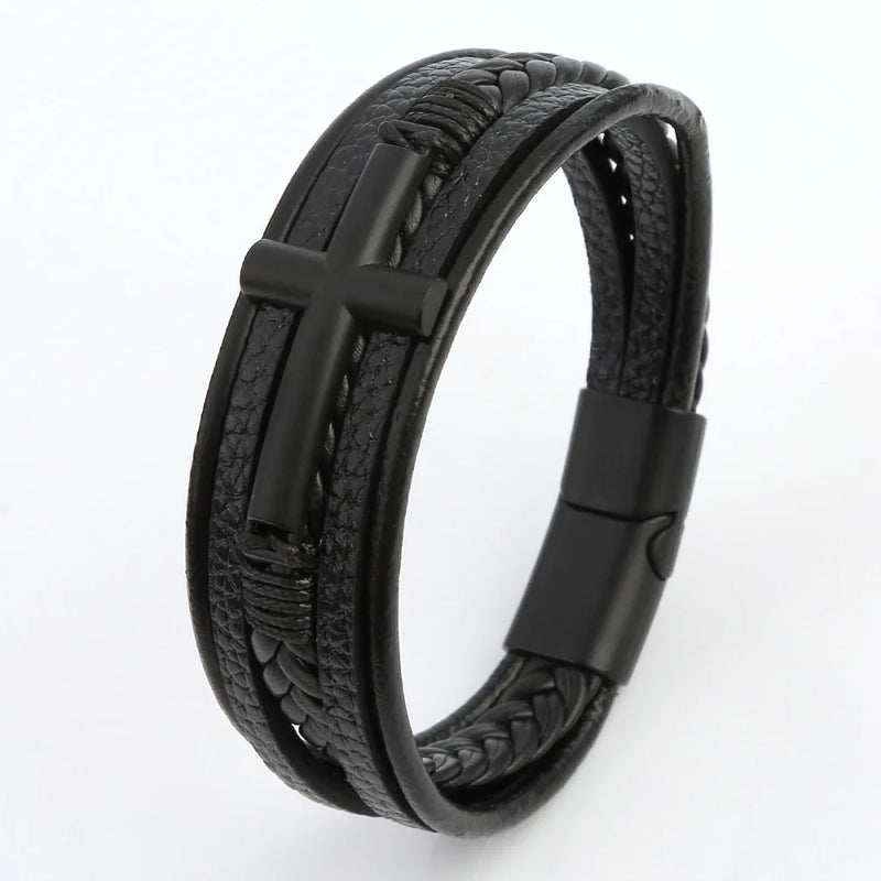 Pulseira Masculina de Couro Trançado – Estilo Punk com Cruz Preta Decorativa e Fecho Magnético
