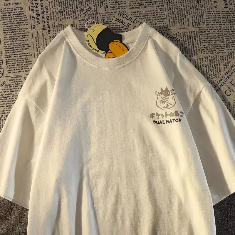 Camiseta de manga curta estampada com desenho de gato retrô