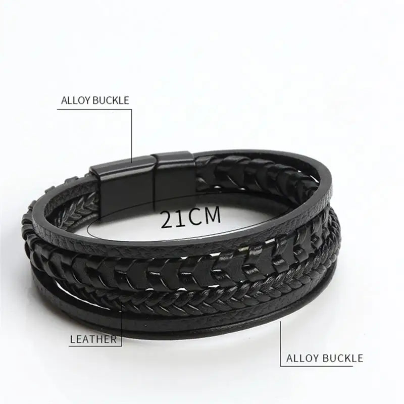 Pulseira Masculina de Couro Trançado – Estilo Punk com Cruz Preta Decorativa e Fecho Magnético