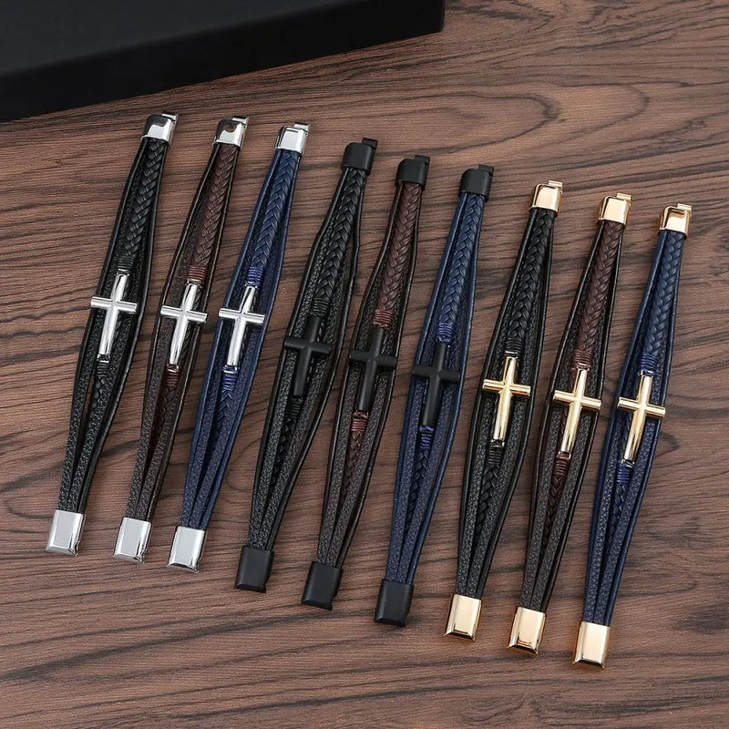 Pulseira Masculina de Couro Trançado – Estilo Punk com Cruz Preta Decorativa e Fecho Magnético