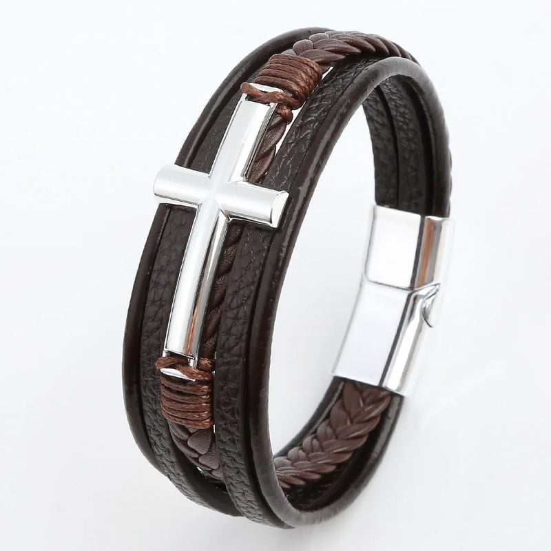 Pulseira Masculina de Couro Trançado – Estilo Punk com Cruz Preta Decorativa e Fecho Magnético