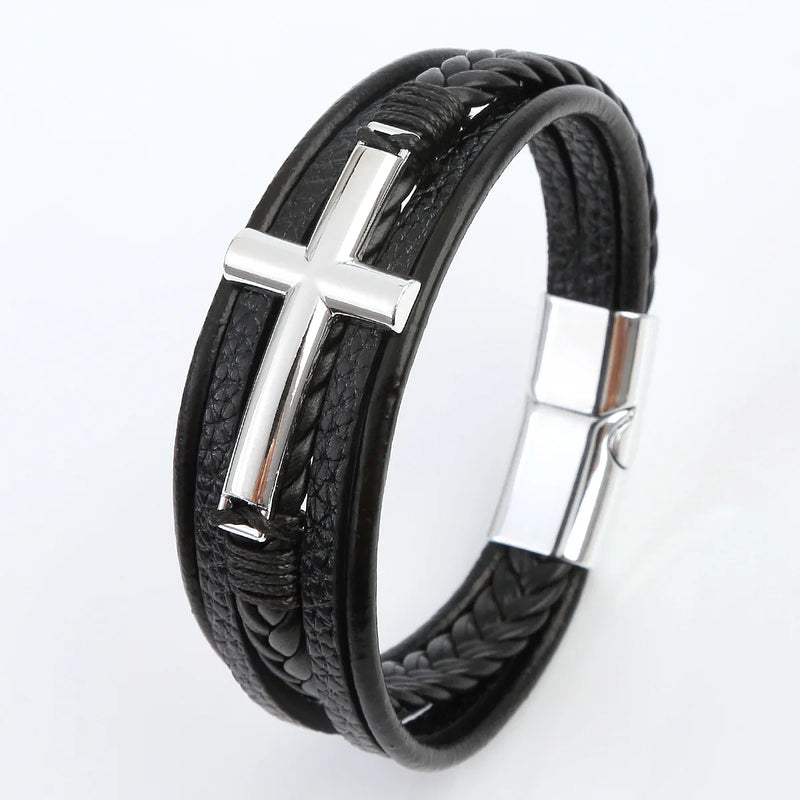 Pulseira Masculina de Couro Trançado – Estilo Punk com Cruz Preta Decorativa e Fecho Magnético