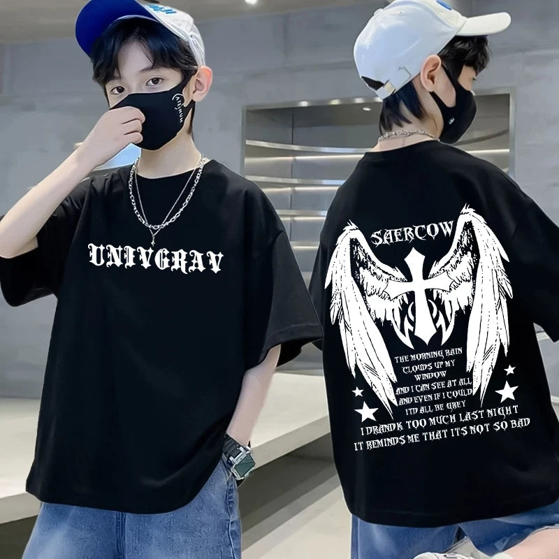 Camiseta Infantil 100% Algodão para o Verão – Nova Coleção 2025 para Meninos | Estilo Street Americano Vintage Estampada de Manga Curta | Casual, Moderna e na Moda