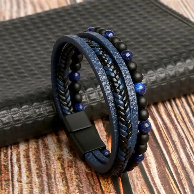 Pulseira Masculina de Couro Trançado – Estilo Punk com Cruz Preta Decorativa e Fecho Magnético