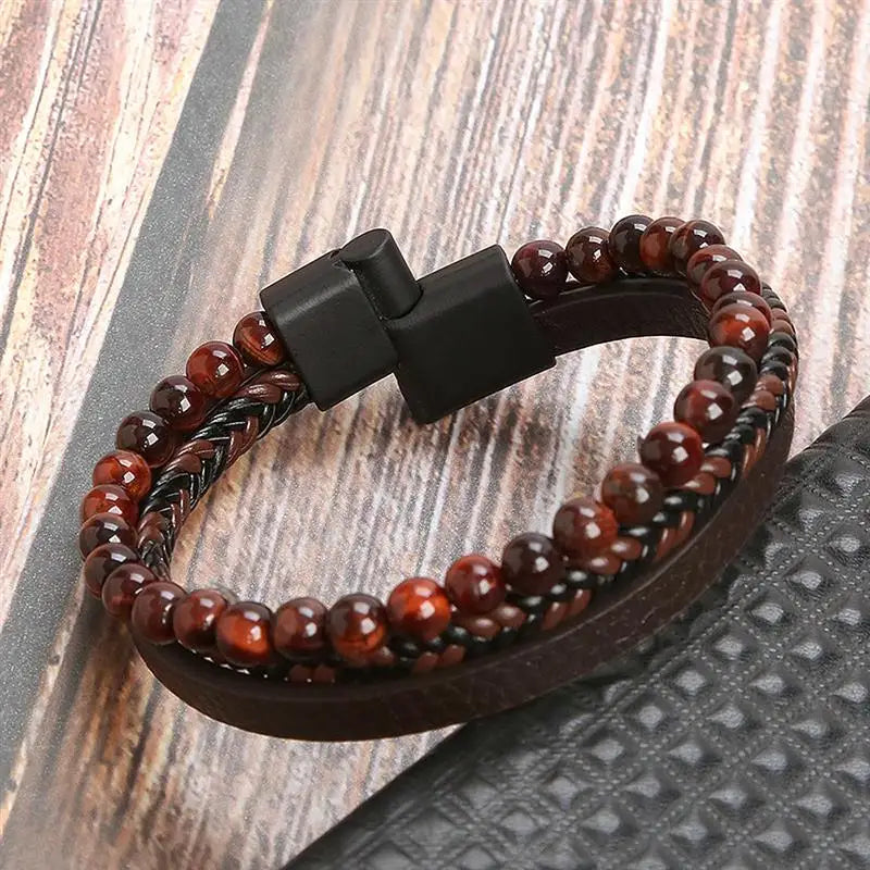 Pulseira Masculina de Couro Trançado – Estilo Punk com Cruz Preta Decorativa e Fecho Magnético