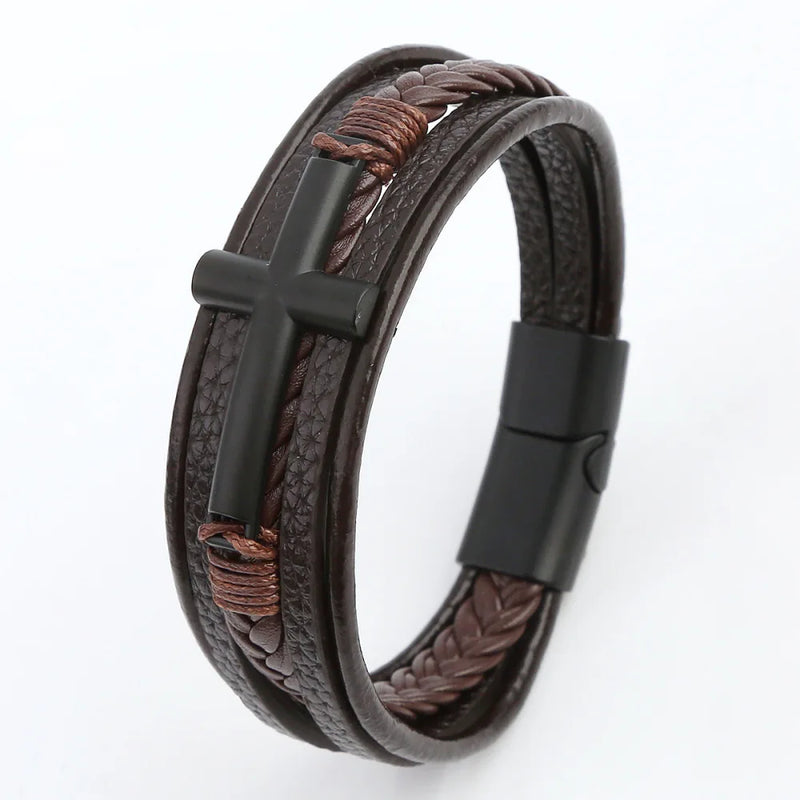 Pulseira Masculina de Couro Trançado – Estilo Punk com Cruz Preta Decorativa e Fecho Magnético