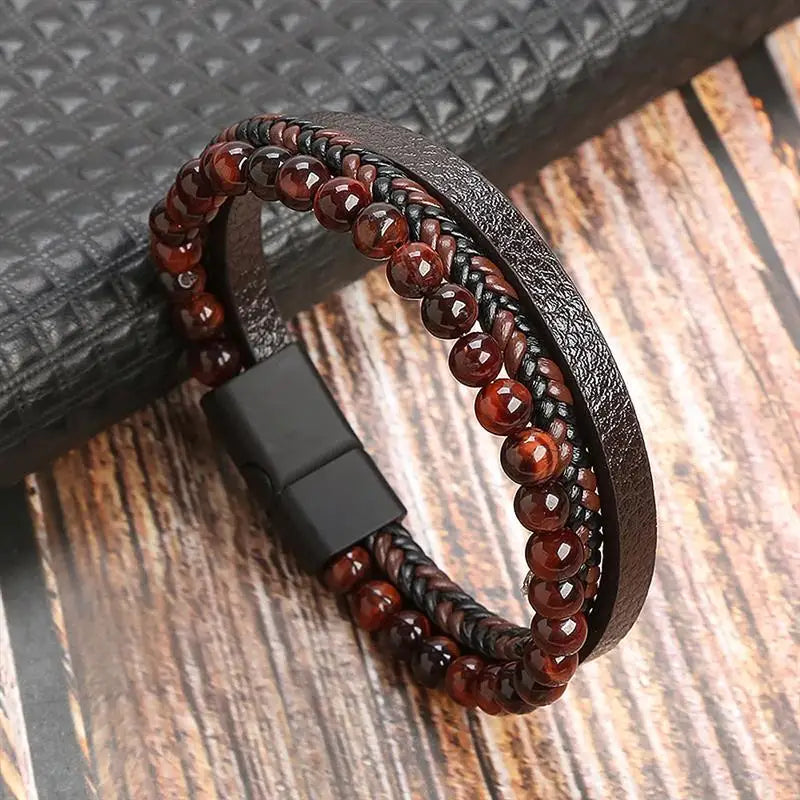 Pulseira Masculina de Couro Trançado – Estilo Punk com Cruz Preta Decorativa e Fecho Magnético