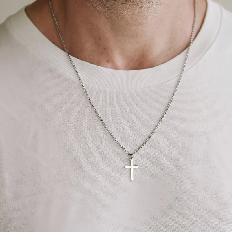 Colar Masculino com Cruz de Jesus – Aço Inoxidável Clássico | Jóia Cristã Religiosa Presente 2024