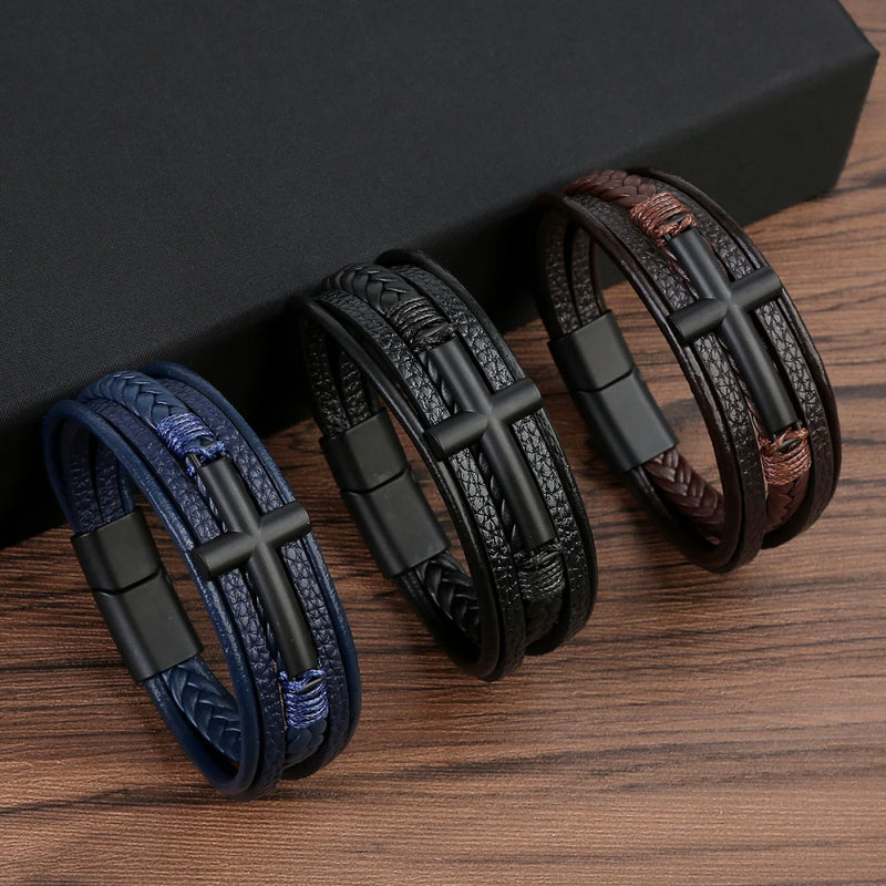 Pulseira Masculina de Couro Trançado – Estilo Punk com Cruz Preta Decorativa e Fecho Magnético