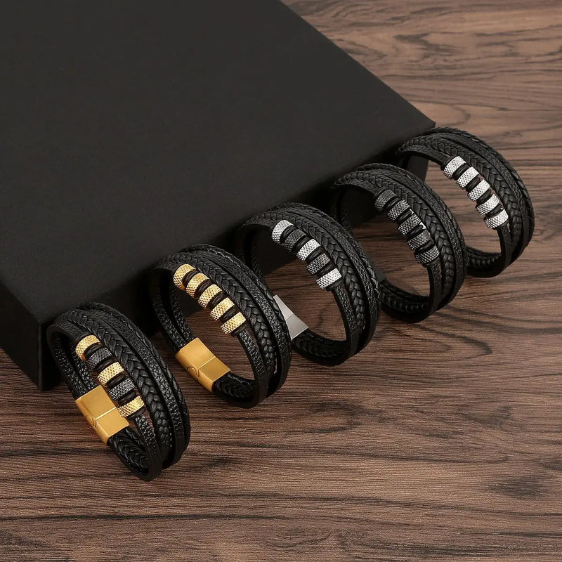 Pulseira Masculina de Couro Trançado – Estilo Punk com Cruz Preta Decorativa e Fecho Magnético