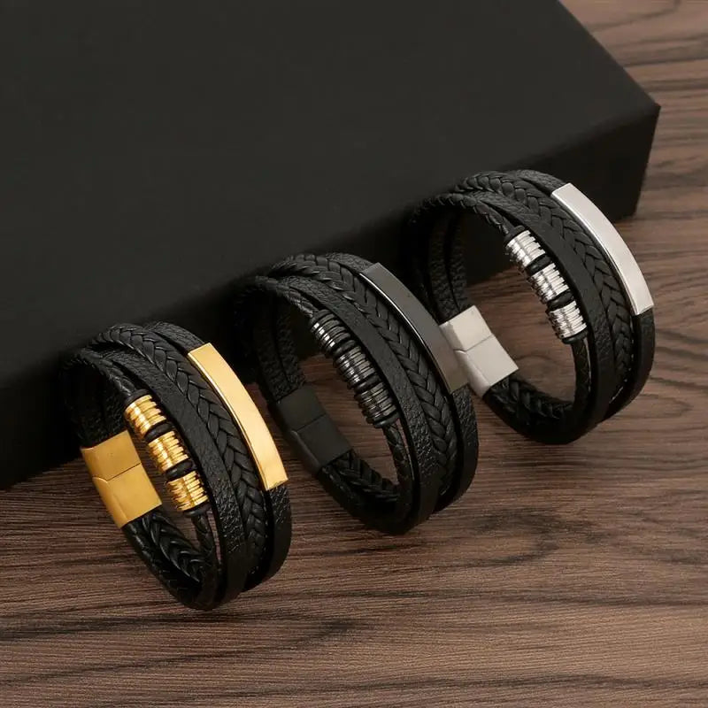 Pulseira Masculina de Couro Trançado – Estilo Punk com Cruz Preta Decorativa e Fecho Magnético