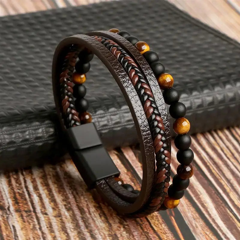 Pulseira Masculina de Couro Trançado – Estilo Punk com Cruz Preta Decorativa e Fecho Magnético