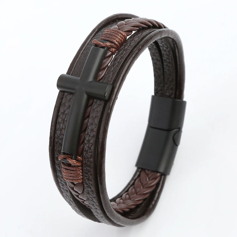 Pulseira Masculina de Couro Trançado – Estilo Punk com Cruz Preta Decorativa e Fecho Magnético