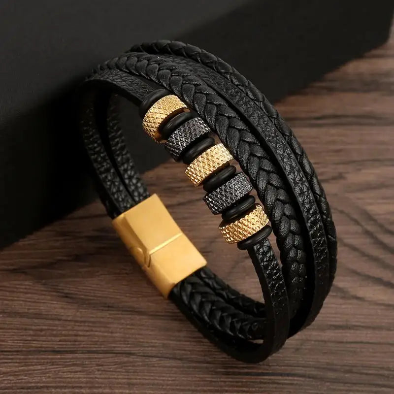 Pulseira Masculina de Couro Trançado – Estilo Punk com Cruz Preta Decorativa e Fecho Magnético