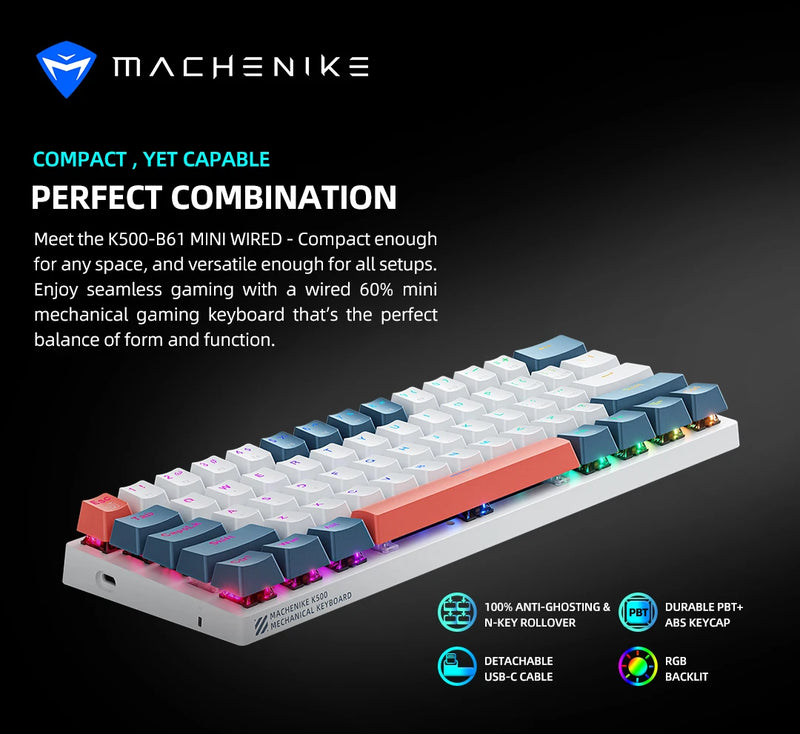 Teclado mecânico Machenike K500-B61 Mini, fator de forma de 60%