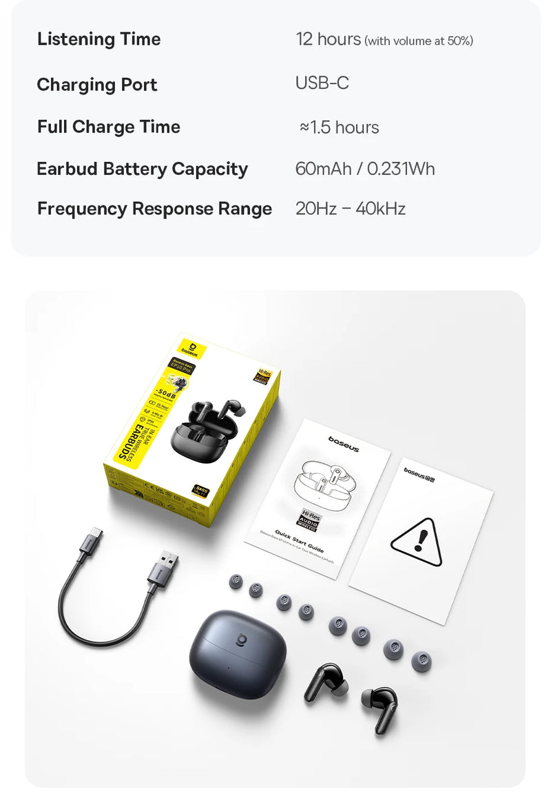 Fones de Ouvido Baseus EP10 Pro ANC Bluetooth 6.0 – Cancelamento de Ruído Ativo 50dB | 6 Microfones, Áudio Hi-Res LDAC, IP55