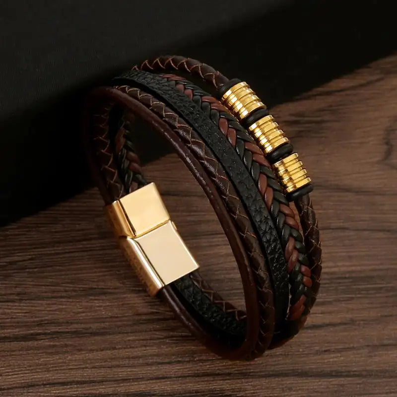 Pulseira Masculina de Couro Trançado – Estilo Punk com Cruz Preta Decorativa e Fecho Magnético