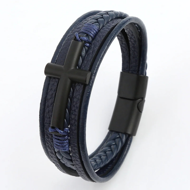 Pulseira Masculina de Couro Trançado – Estilo Punk com Cruz Preta Decorativa e Fecho Magnético