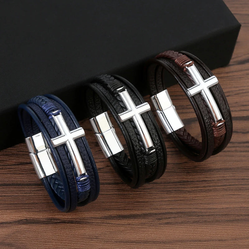 Pulseira Masculina de Couro Trançado – Estilo Punk com Cruz Preta Decorativa e Fecho Magnético