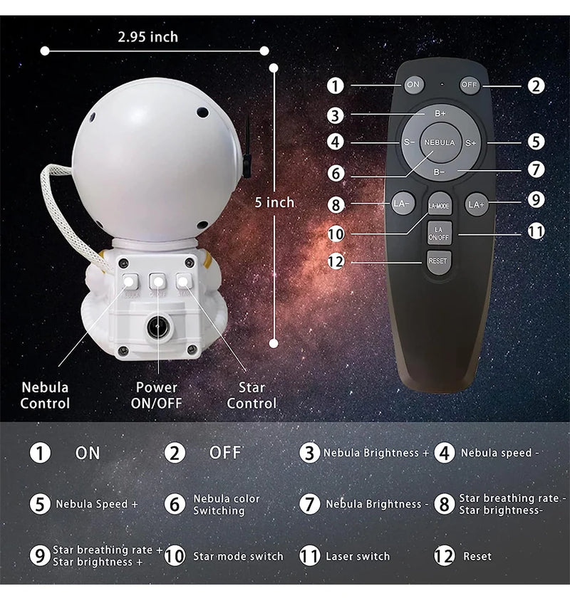 Projetor Galáxia Estrela Astronauta — Luminária de Céu Estrelado e Nebulosa, Decoração para Quarto, Luz Noturna LED para Crianças e Adultos, Presente Criativo