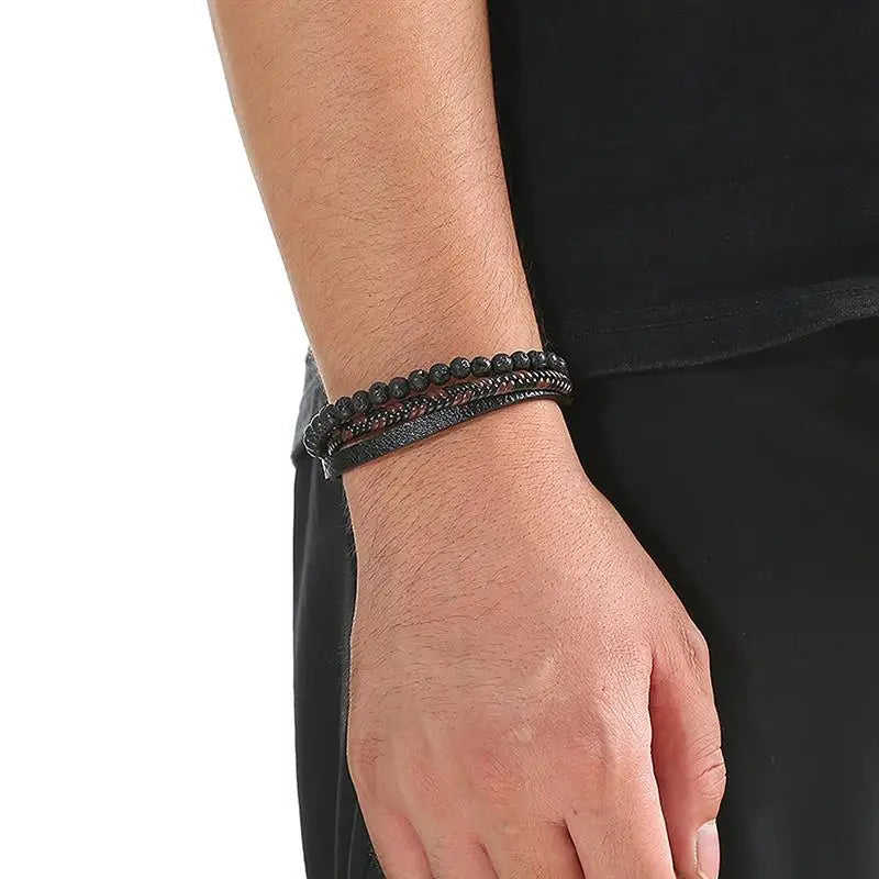 Pulseira Masculina de Couro Trançado – Estilo Punk com Cruz Preta Decorativa e Fecho Magnético