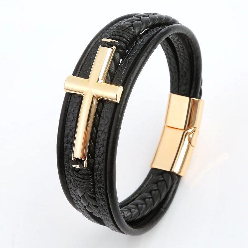 Pulseira Masculina de Couro Trançado – Estilo Punk com Cruz Preta Decorativa e Fecho Magnético
