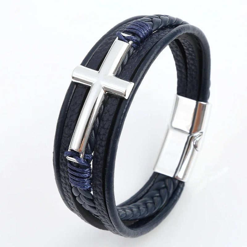 Pulseira Masculina de Couro Trançado – Estilo Punk com Cruz Preta Decorativa e Fecho Magnético