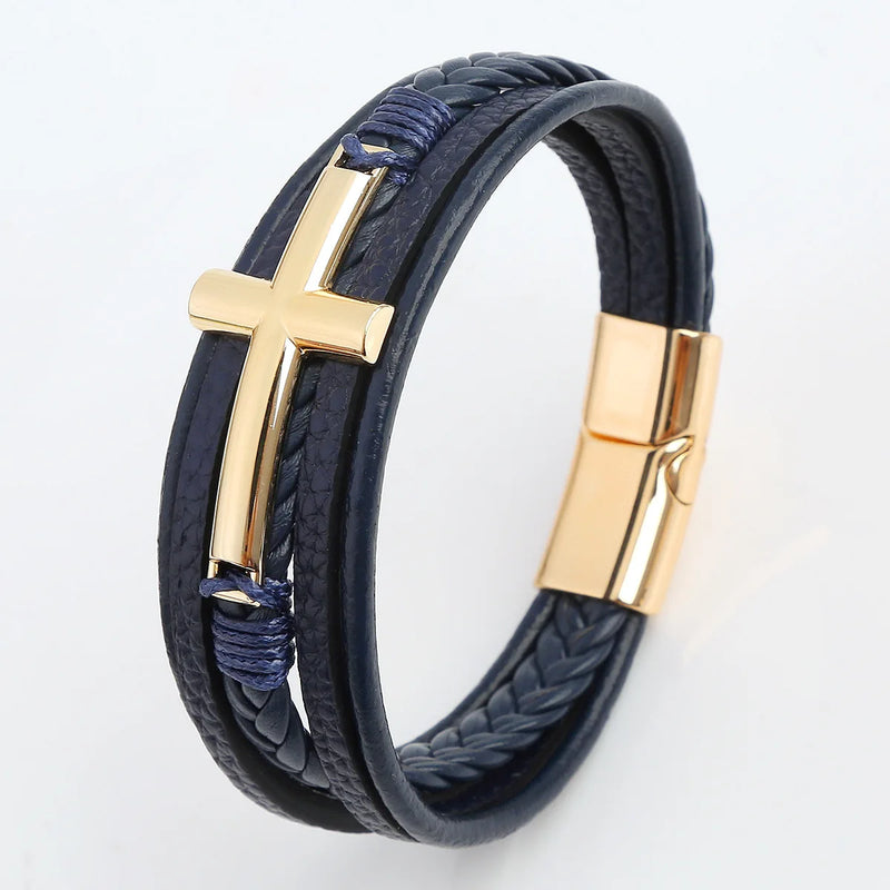 Pulseira Masculina de Couro Trançado – Estilo Punk com Cruz Preta Decorativa e Fecho Magnético