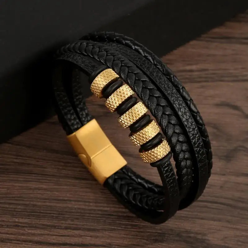 Pulseira Masculina de Couro Trançado – Estilo Punk com Cruz Preta Decorativa e Fecho Magnético