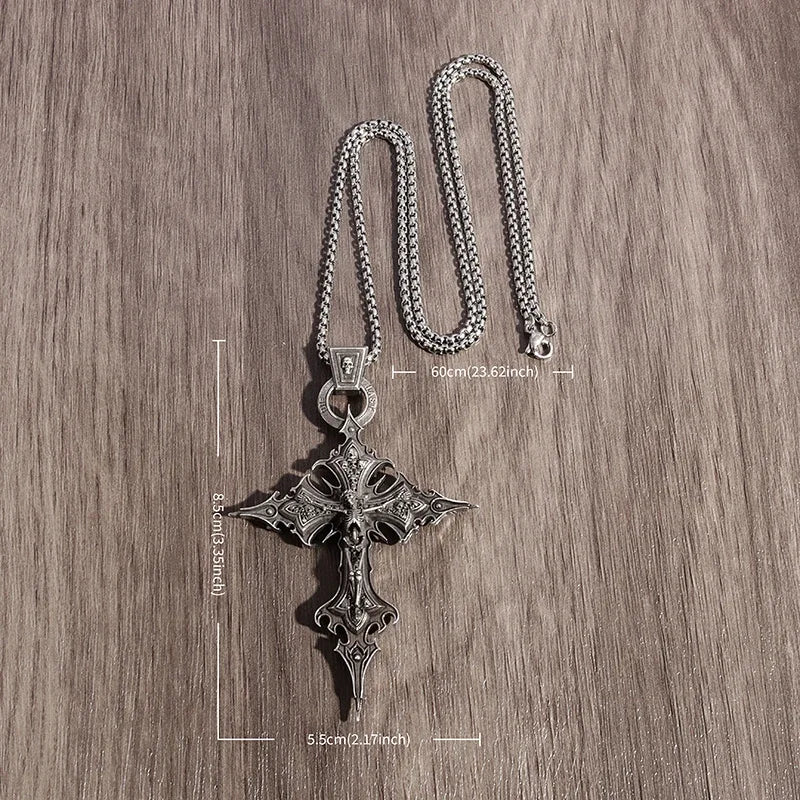Colar Pingente Vintage Gótico de Caveira com Cruz de Jesus — Joia Católica Masculina, Amuleto Religioso Estilo Punk