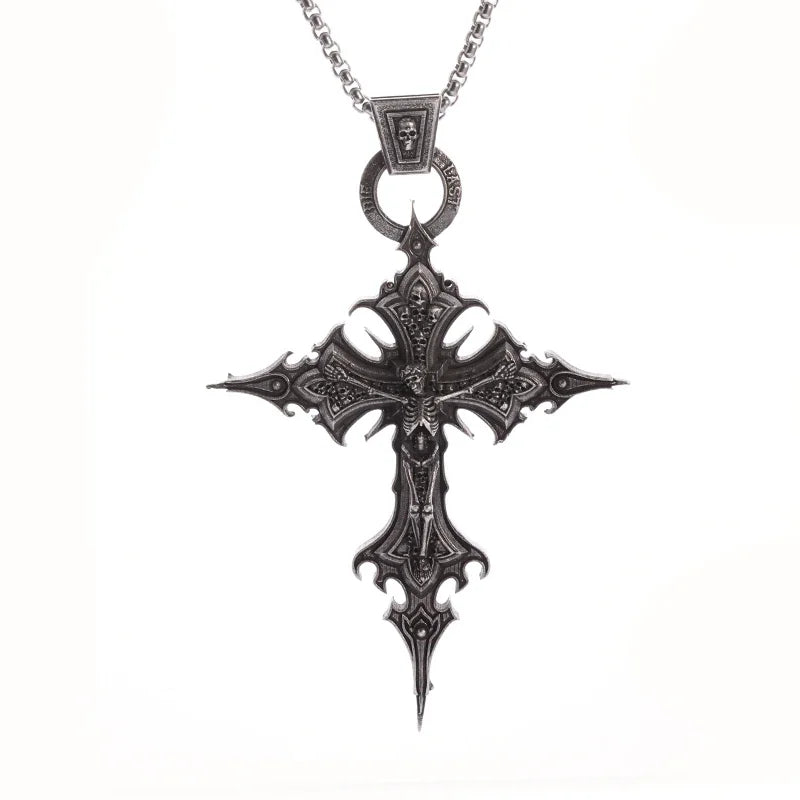 Colar Pingente Vintage Gótico de Caveira com Cruz de Jesus — Joia Católica Masculina, Amuleto Religioso Estilo Punk
