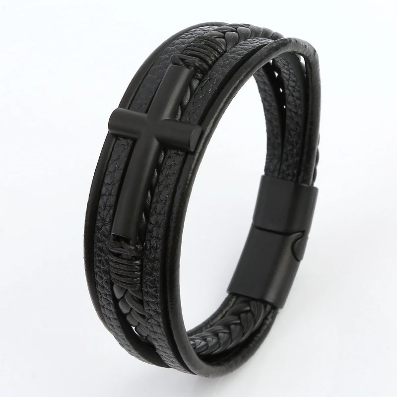 Pulseira Masculina de Couro Trançado – Estilo Punk com Cruz Preta Decorativa e Fecho Magnético