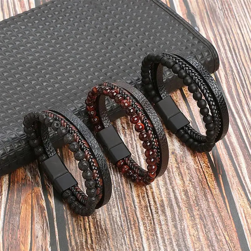 Pulseira Masculina de Couro Trançado – Estilo Punk com Cruz Preta Decorativa e Fecho Magnético