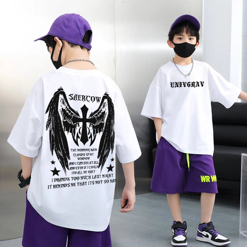 Camiseta Infantil 100% Algodão para o Verão – Nova Coleção 2025 para Meninos | Estilo Street Americano Vintage Estampada de Manga Curta | Casual, Moderna e na Moda