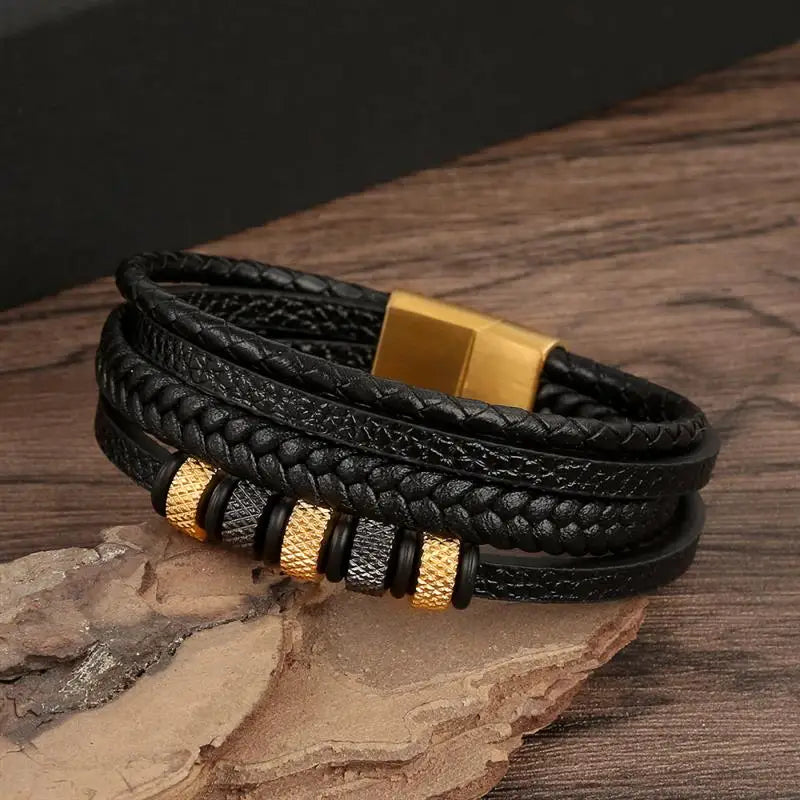 Pulseira Masculina de Couro Trançado – Estilo Punk com Cruz Preta Decorativa e Fecho Magnético