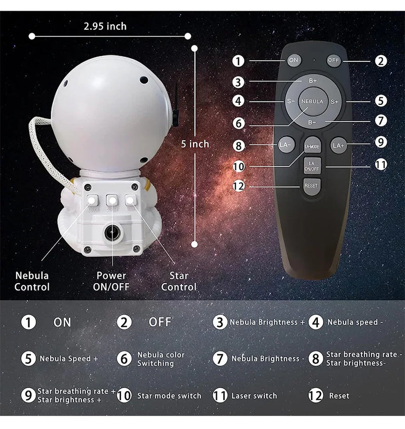 Projetor Astronauta Galáxia – Luminária LED com Céu Estrelado | Abajur Noturno Decorativo para Quarto Infantil