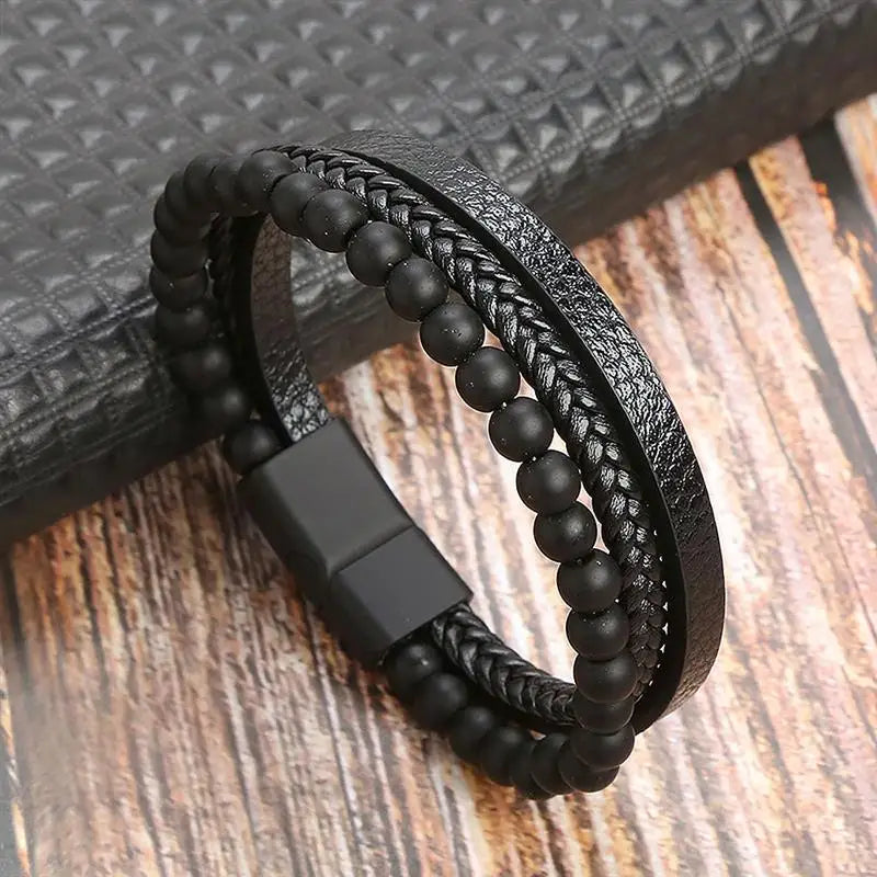 Pulseira Masculina de Couro Trançado – Estilo Punk com Cruz Preta Decorativa e Fecho Magnético