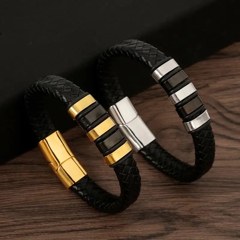 Pulseira Masculina de Couro Trançado – Estilo Punk com Cruz Preta Decorativa e Fecho Magnético