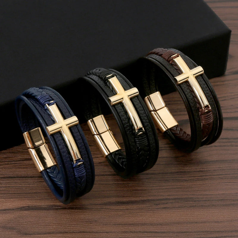 Pulseira Masculina de Couro Trançado – Estilo Punk com Cruz Preta Decorativa e Fecho Magnético