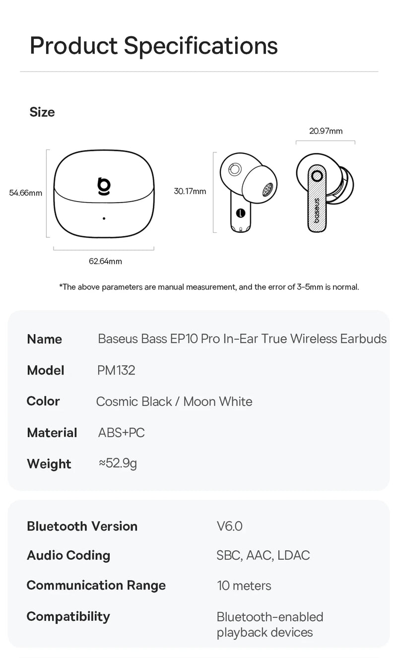 Fones de Ouvido Baseus EP10 Pro ANC Bluetooth 6.0 – Cancelamento de Ruído Ativo 50dB | 6 Microfones, Áudio Hi-Res LDAC, IP55