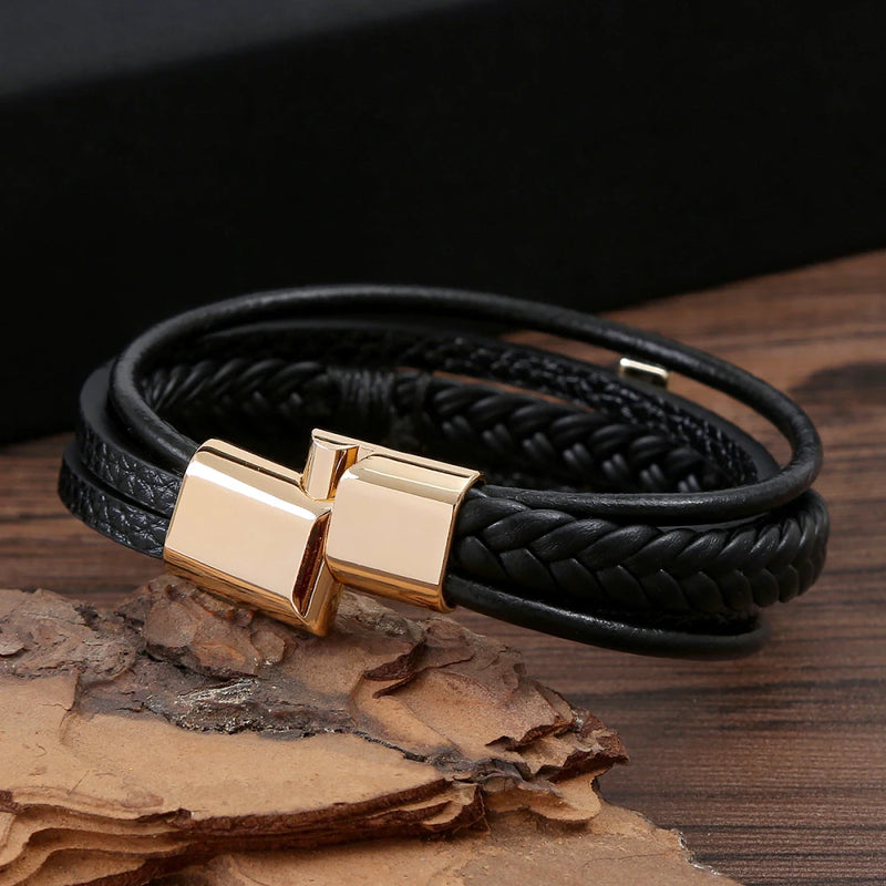 Pulseira Masculina de Couro Trançado – Estilo Punk com Cruz Preta Decorativa e Fecho Magnético