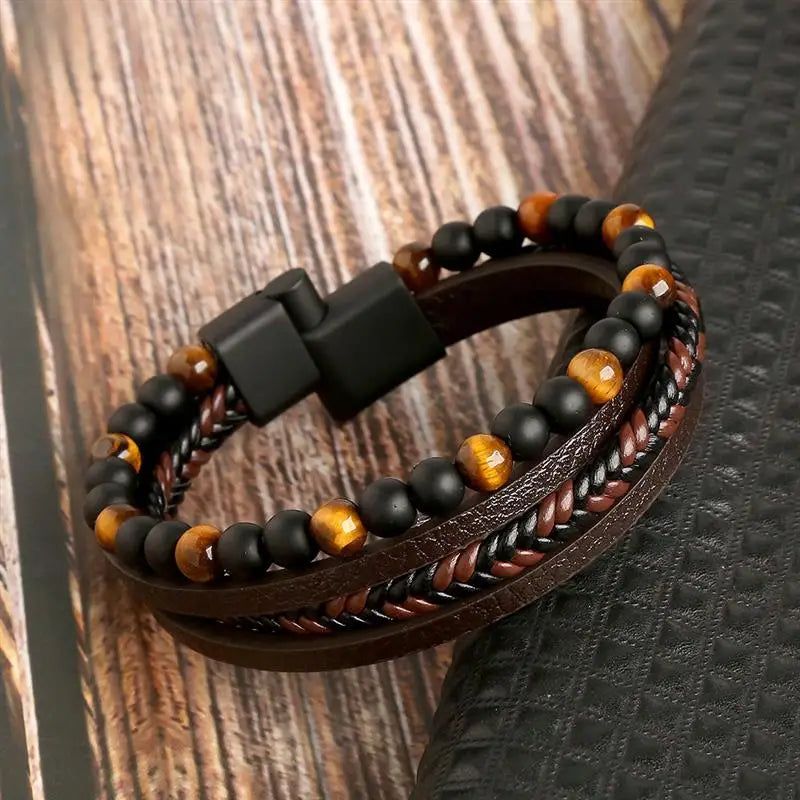 Pulseira Masculina de Couro Trançado – Estilo Punk com Cruz Preta Decorativa e Fecho Magnético
