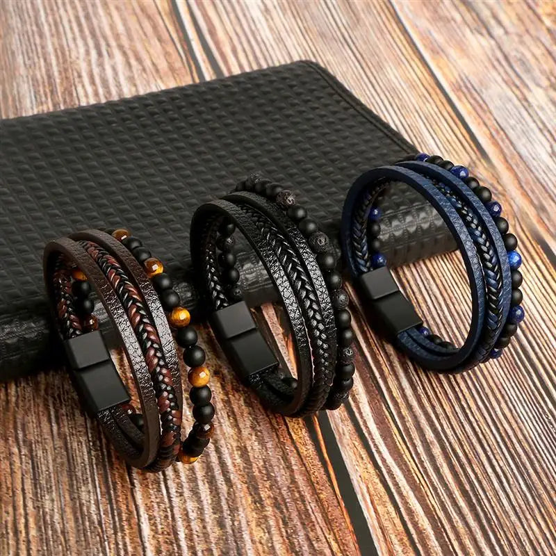 Pulseira Masculina de Couro Trançado – Estilo Punk com Cruz Preta Decorativa e Fecho Magnético