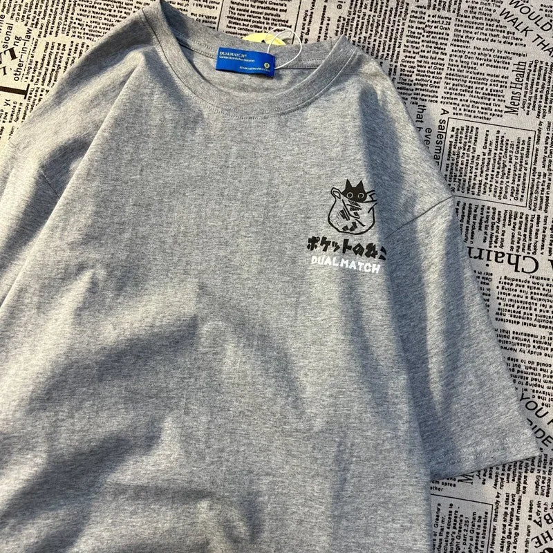 Camiseta de manga curta estampada com desenho de gato retrô