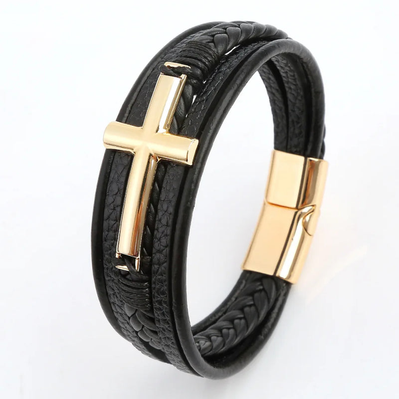 Pulseira Masculina de Couro Trançado – Estilo Punk com Cruz Preta Decorativa e Fecho Magnético